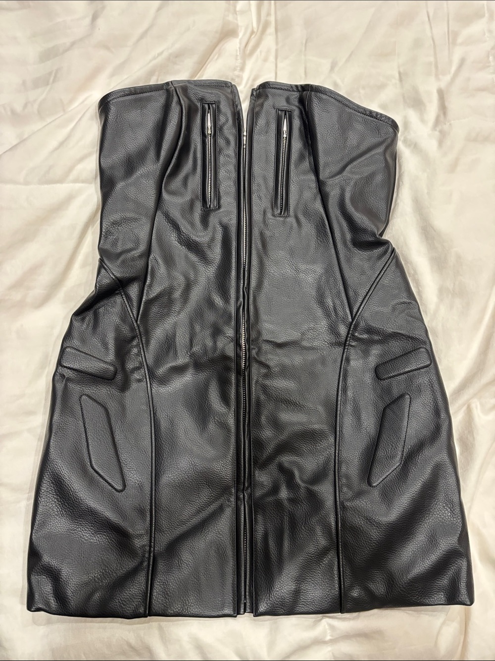 Fashion Nova Black Strapless Faux Leather Mini Dress with Front Zip